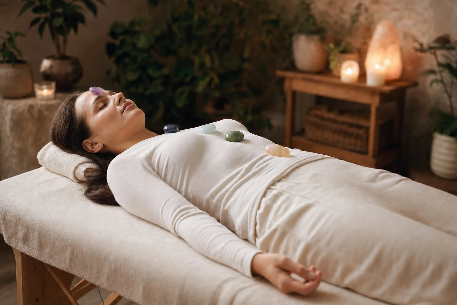 In-person healing session with crystals, warm candlelit room